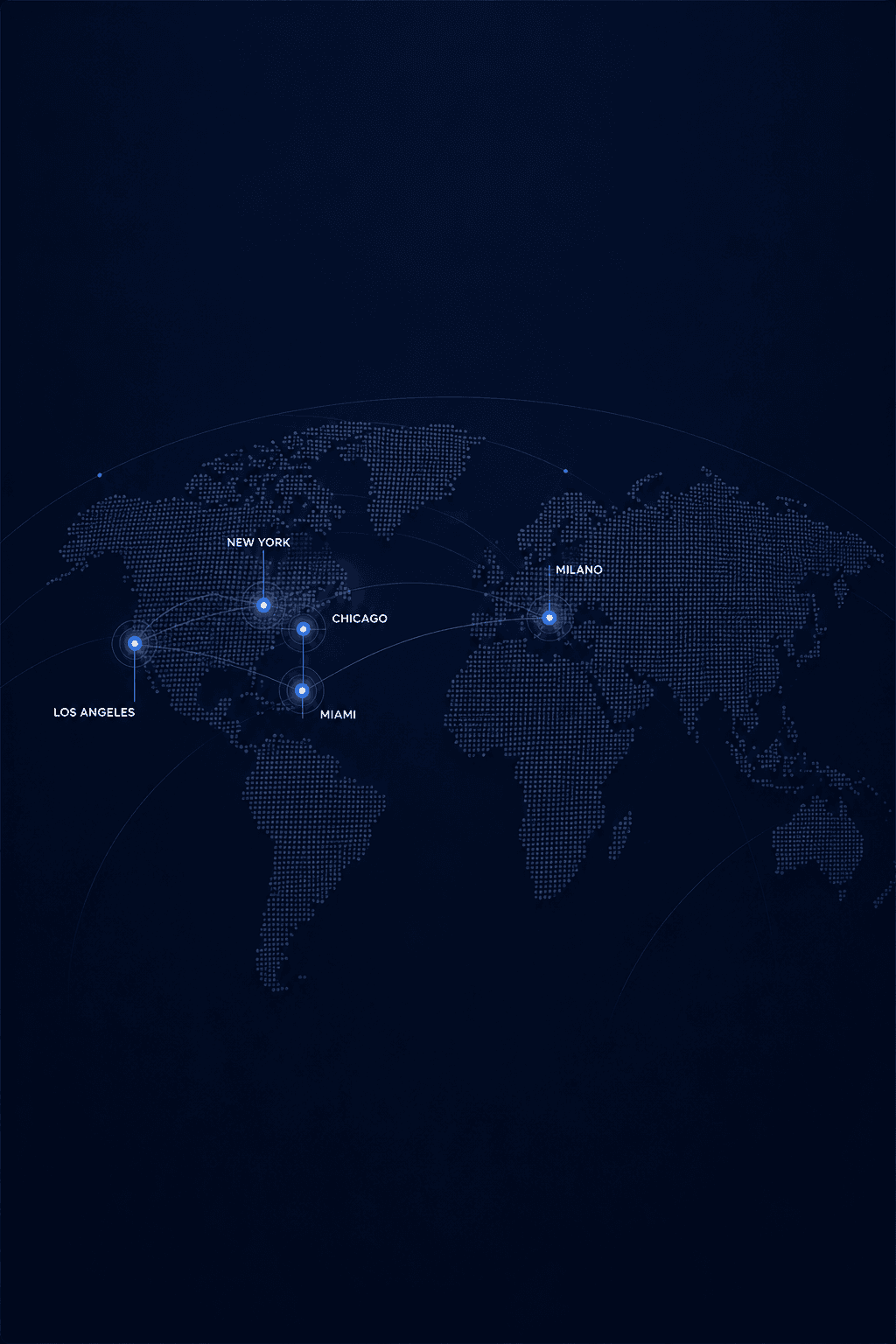 Dotted world map showing network connections between Los Angeles, New York, Chicago, Miami, and Milano.